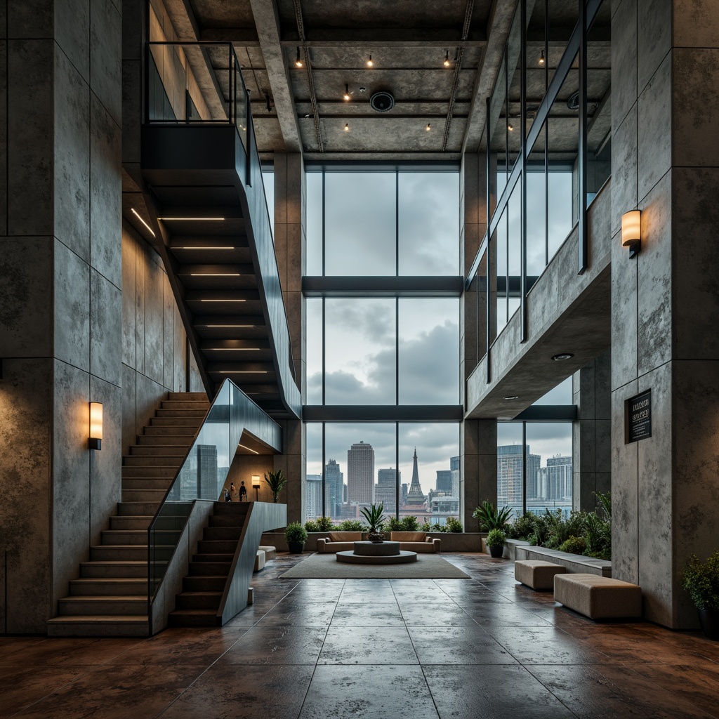 Prompt: Raw concrete walls, brutalist architecture, dramatic lighting, industrial aesthetics, minimalist decor, exposed ductwork, polished metal accents, reclaimed wood flooring, sparse furnishings, monumental staircases, cavernous spaces, urban landscape views, overcast skies, high-contrast shadows, symmetrical composition, cinematic atmosphere, gritty realistic textures.