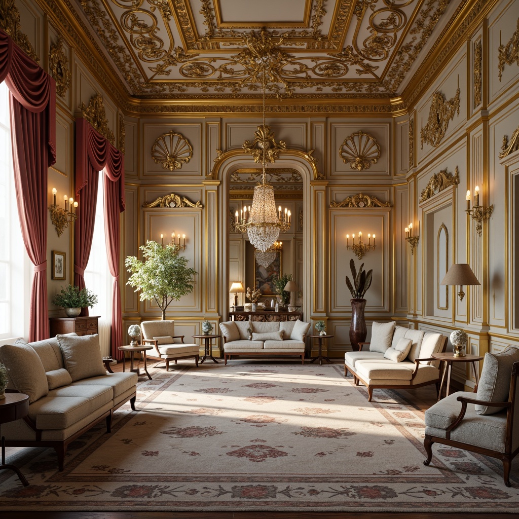 Prompt: Luxurious palace interior, ornate gold molding, intricate wood carvings, delicate shell ornaments, soft pastel colors, lavish velvet fabrics, ornamental mirrors, crystal chandeliers, Baroque-inspired furniture, curved lines, asymmetrical balance, dramatic lighting, warm candle glow, 1/1 composition, shallow depth of field, realistic textures, ambient occlusion.