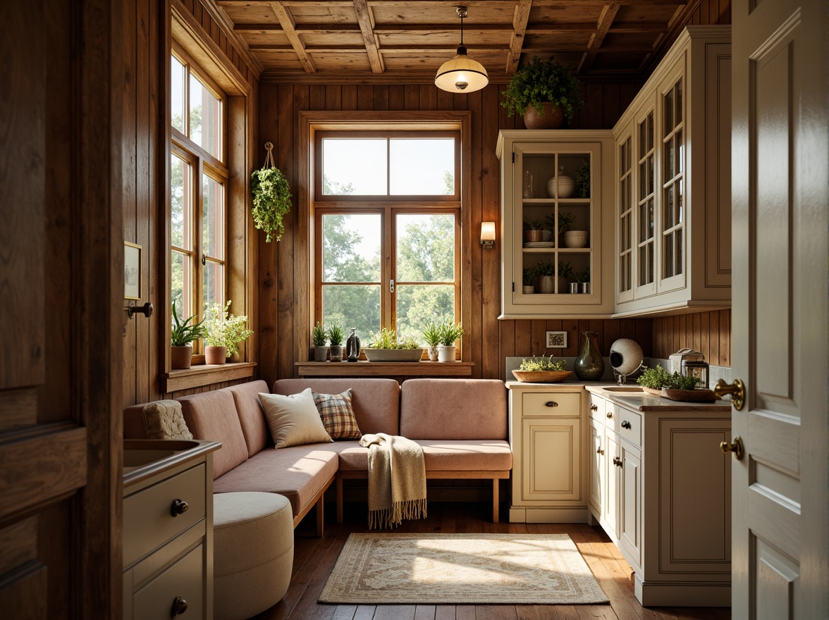 Prompt: Rustic wooden cabinetry, distressed finishes, ornate carvings, soft creamy hues, elegant hardware, decorative molding, plush velvet upholstery, rich walnut wood tones, vintage accessories, traditional French country flair, cozy intimate spaces, warm golden lighting, shallow depth of field, 1/1 composition, realistic textures, ambient occlusion.