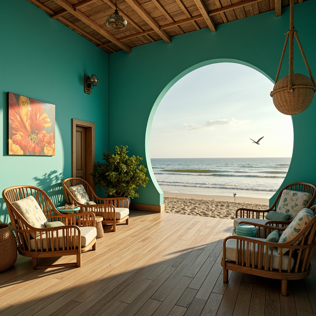 Prompt: Vibrant beachside cinema, ocean-inspired color scheme, calming turquoise walls, sandy beige floors, driftwood accents, coral-patterned seats, nautical rope details, warm golden lighting, soft misty atmosphere, cinematic screen, comfortable plush furniture, refreshing sea breeze, sound waves crashing, seagull cries, sunny afternoon, shallow depth of field, 1/1 composition, realistic textures, ambient occlusion.