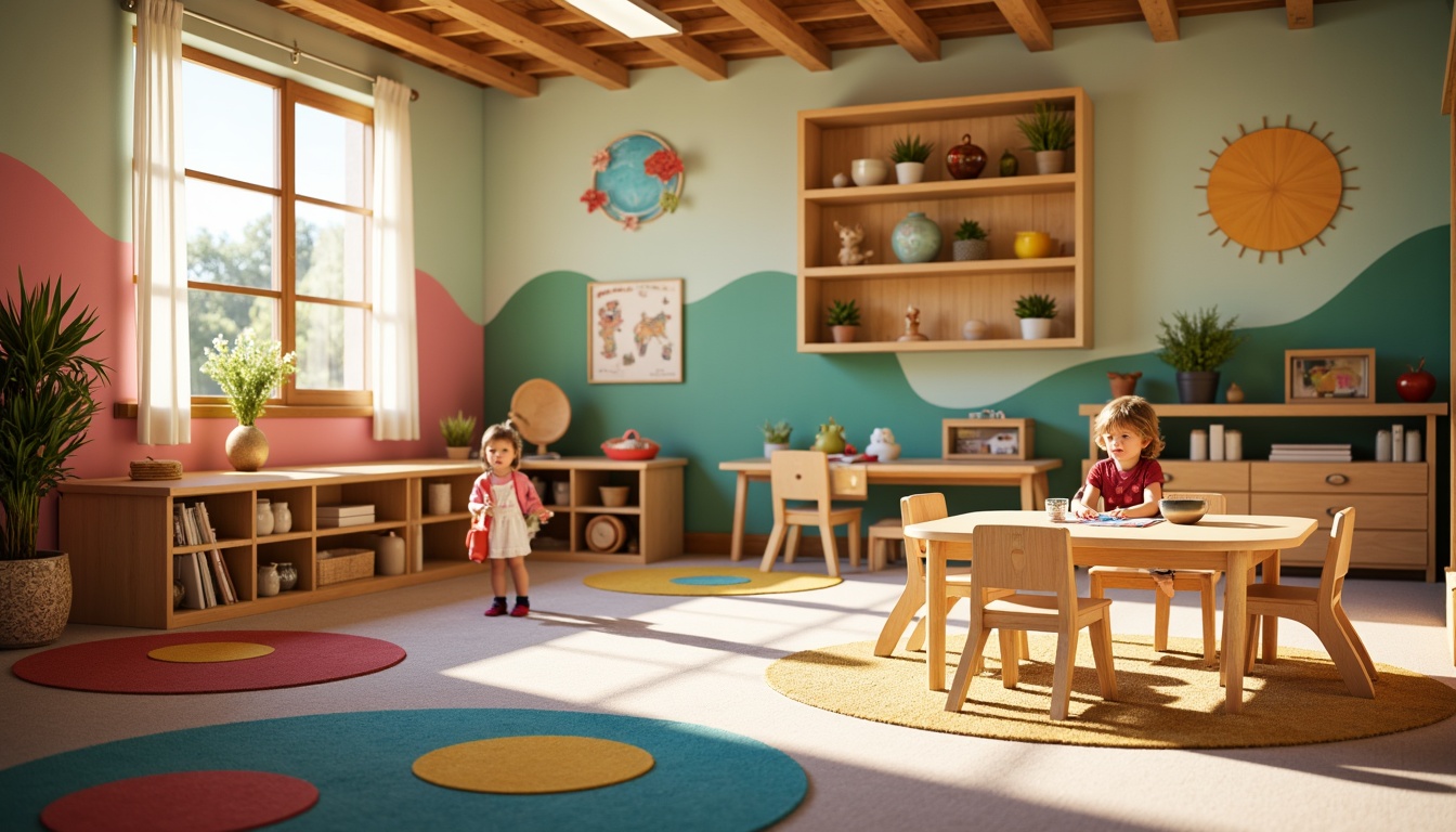 Prompt: Vibrant playroom, colorful walls, soft carpet flooring, kid-friendly furniture, sturdy wooden tables, ergonomic chairs, playful storage bins, educational wall art, cozy reading nooks, plush area rugs, natural light pouring in, warm afternoon ambiance, shallow depth of field, 1/1 composition, realistic textures, ambient occlusion.