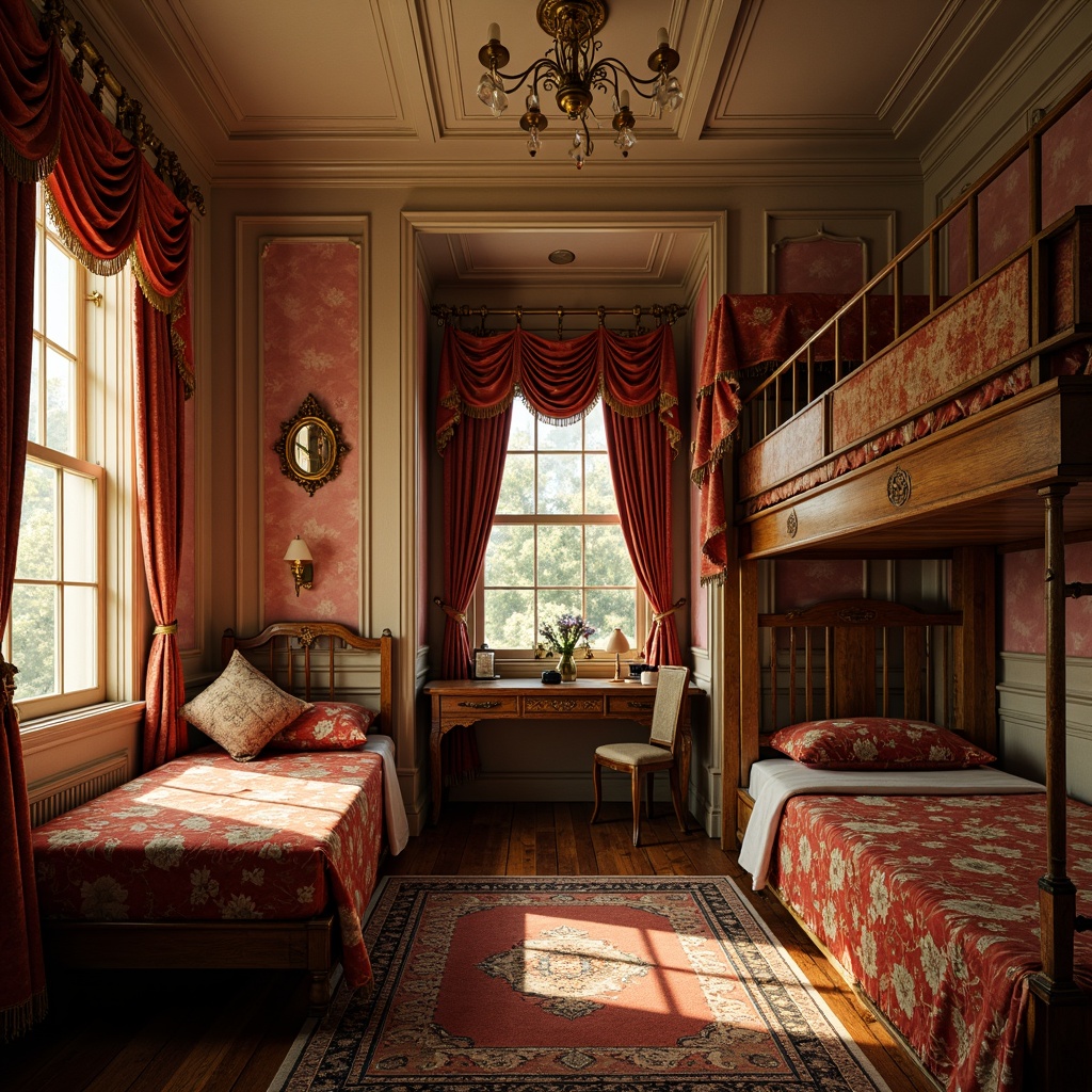 Prompt: Richly ornamented dormitory, warm golden lighting, luxurious velvet fabrics, intricately carved wooden furniture, ornate metal fixtures, lavish floral patterns, soft pastel hues, dusty rose walls, creamy white trim, distressed leather accents, antique bronze hardware, opulent drapery, heavy tapestries, mysterious shadows, dramatic chiaroscuro, 1/2 composition, warm color harmony, soft focus, realistic textures, ambient occlusion.