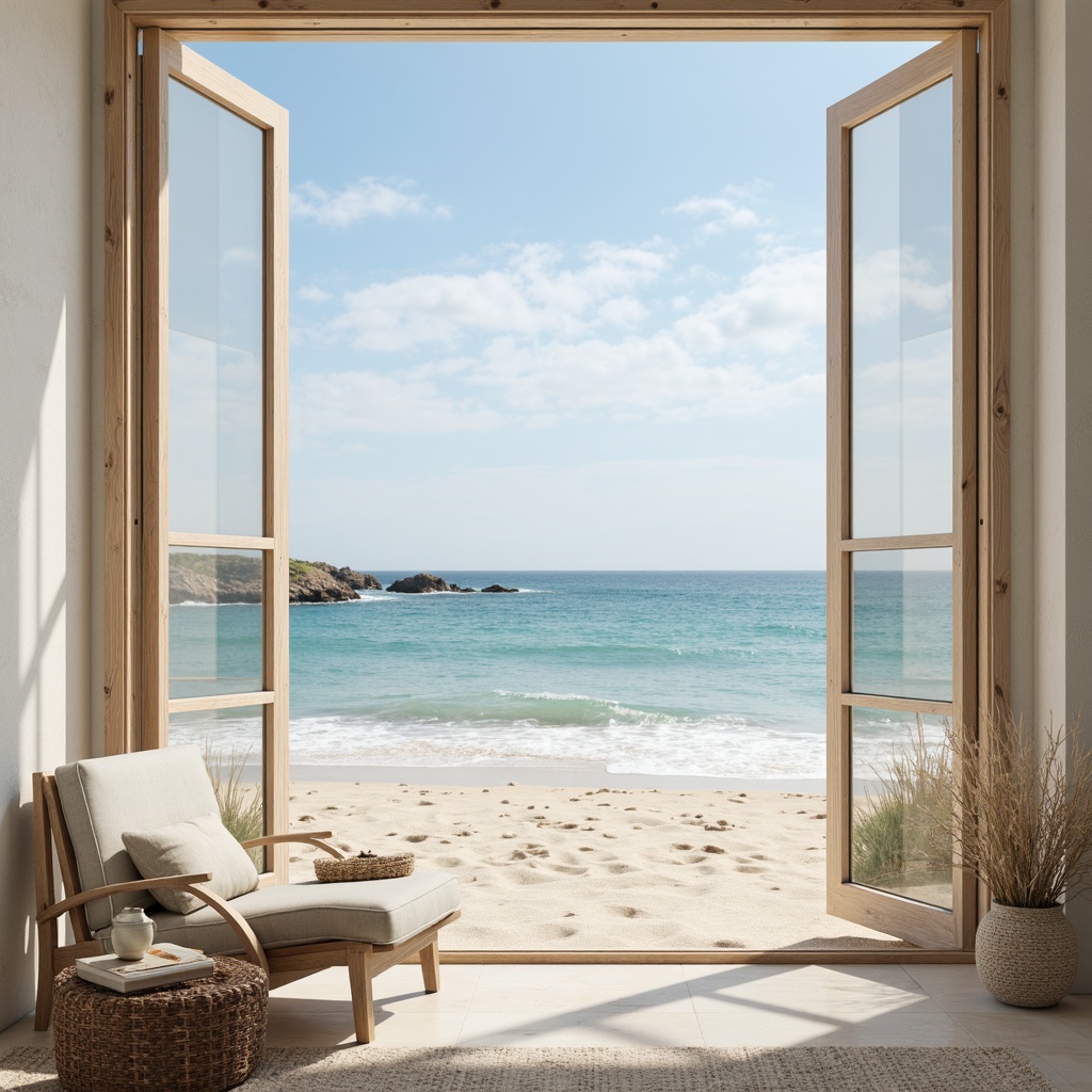 Prompt: Calming coastal ambiance, soft sandy neutrals, soothing ocean blues, crisp whites, weathered wood accents, natural linen textures, driftwood grays, sea-salt sprays, coral pink hints, sunny warm lighting, shallow depth of field, 1/1 composition, minimalist decor, beachy vibe, ocean-inspired patterns, subtle wave motifs.