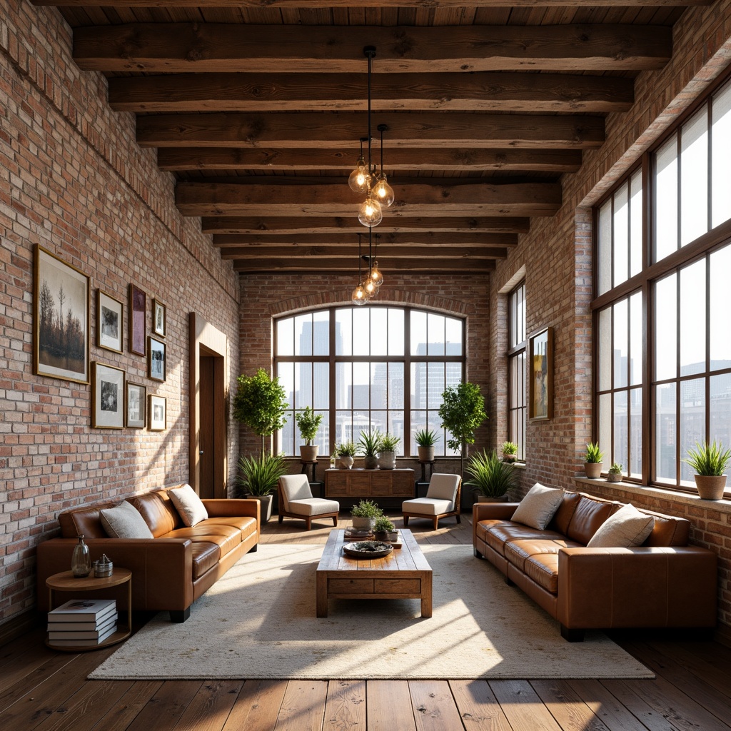 Prompt: Earthy loft interior, exposed brick walls, wooden beams, industrial chic decor, distressed leather sofas, vintage rugs, metal accents, Edison bulb lighting, warm beige color scheme, rich wood tones, creamy whites, soft grays, natural textiles, rustic wooden furniture, ornate metallic fixtures, dramatic high ceilings, large windows, cityscape views, soft diffused light, subtle shadows, 1/1 composition, realistic rendering, atmospheric ambiance.