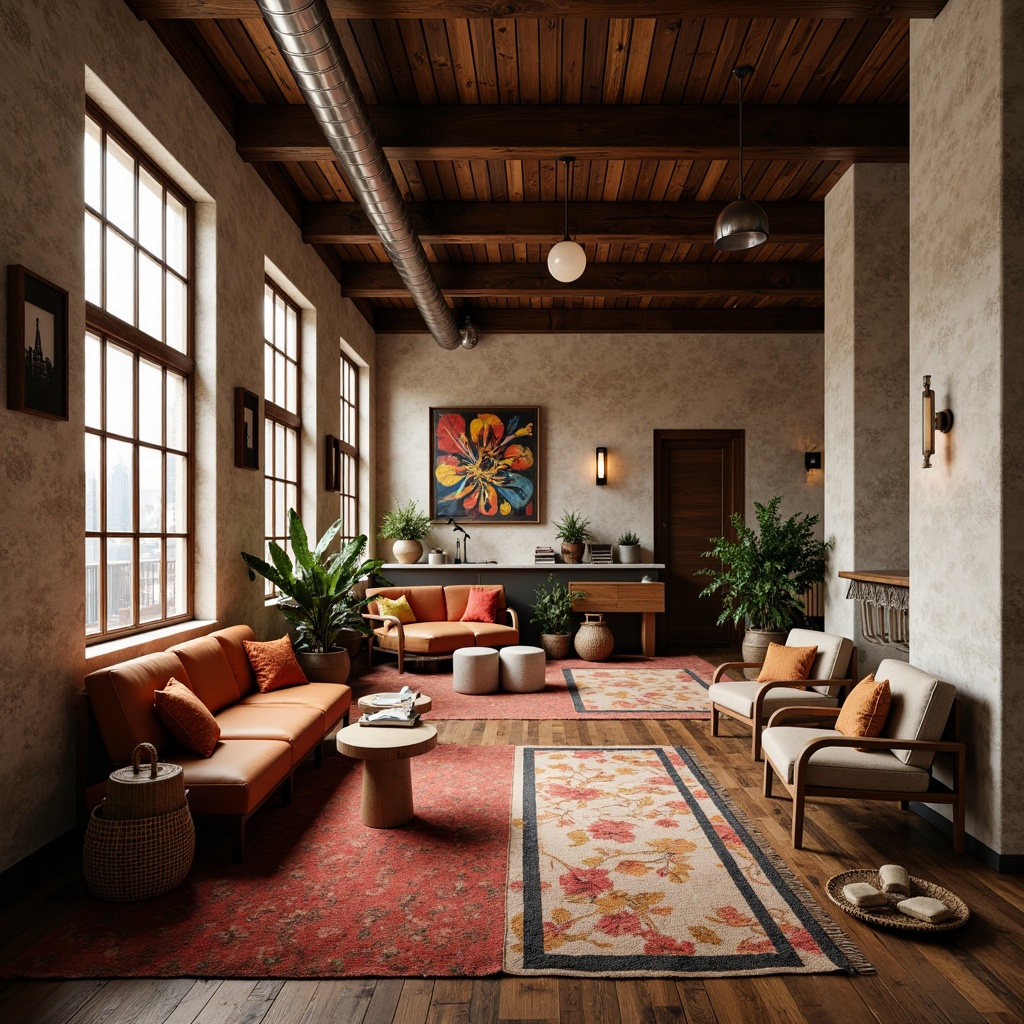 Prompt: Richly textured walls, wooden flooring, luxurious carpets, plush upholstery, metallic accents, natural stone countertops, woven baskets, earthy terracotta pots, soft warm lighting, cozy reading nooks, intimate conversation areas, minimalist decor, industrial-chic exposed ductwork, reclaimed wood ceiling beams, vibrant colorful artwork, eclectic vintage furniture, comfortable ergonomic seating, elegant marble columns, sophisticated urban loft atmosphere, atmospheric misting system, shallow depth of field, 1/2 composition, realistic textures, ambient occlusion.