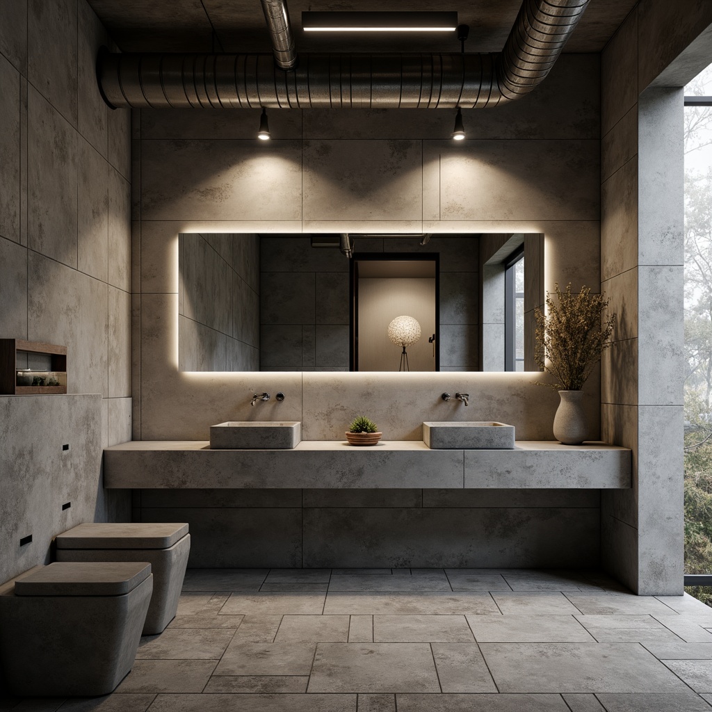 Prompt: Concrete walls, exposed ductwork, industrial-style lighting fixtures, rough-textured stone flooring, minimalist decor, brutalist architectural elements, raw concrete sink, geometric-shaped mirrors, bold color accents, urban loft-inspired atmosphere, dramatic shadows, high-contrast lighting, cinematic composition, gritty realistic textures, atmospheric fog effect.