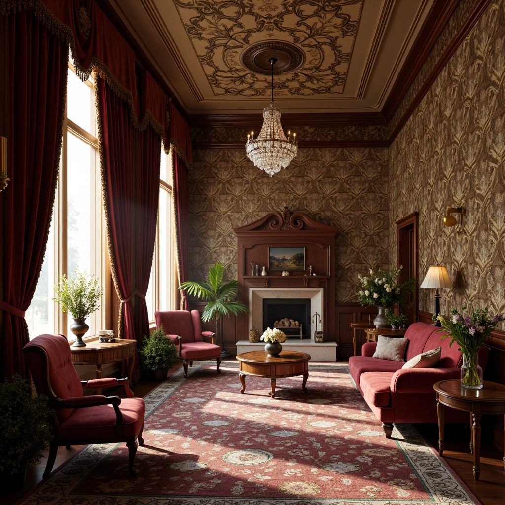 Prompt: Luxurious Victorian-era mansion, intricately patterned wallpapers, rich velvet drapes, ornate wooden furnishings, tufted leather sofas, carved wooden paneling, crystal chandeliers, lavish floral arrangements, intricate lace trimmings, soft golden lighting, warm cozy atmosphere, 1/2 composition, shallow depth of field, realistic textures, ambient occlusion.