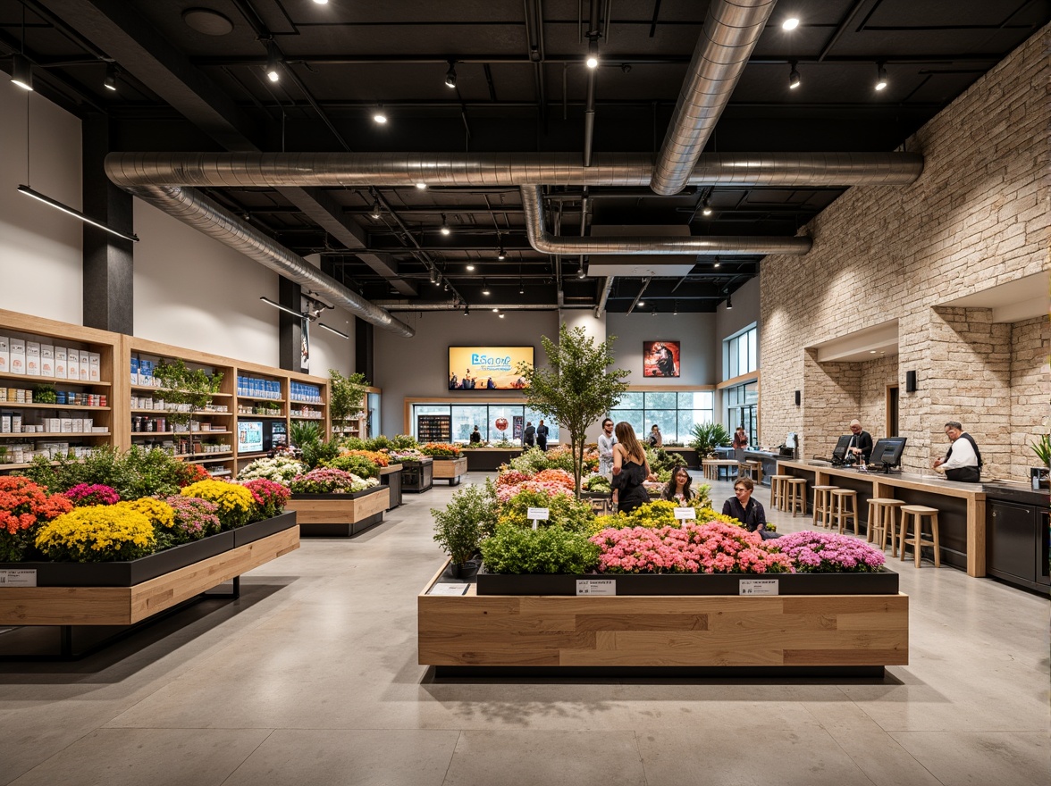 Prompt: Modern grocery store interior, open layout design, airy atmosphere, natural light, polished concrete floors, exposed ductwork, minimalist shelving, ample aisle space, easy navigation, impulse buying opportunities, colorful produce displays, fresh flower arrangements, rustic wood accents, industrial-style lighting, suspended signage, digital price tags, sleek cashwrap counters, customer seating areas, complimentary coffee stations, abundant natural stone walls, warm earthy tones, shallow depth of field, 3/4 composition, panoramic view, realistic textures, ambient occlusion.