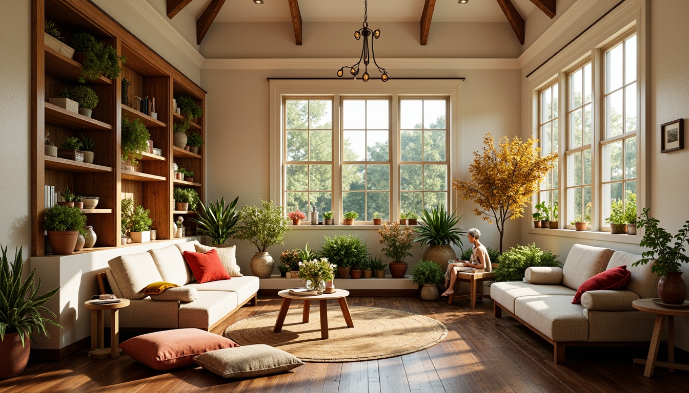 Prompt: Warm sunroom, natural wood accents, plush cushions, soft velvet fabrics, earthy terracotta pots, lush greenery, vibrant blooming flowers, warm beige walls, creamy white trim, rich walnut flooring, cozy reading nook, oversized windows, abundant natural light, gentle morning sunlight, soft warm shadows, 1/1 composition, intimate atmosphere, realistic textures, ambient occlusion.