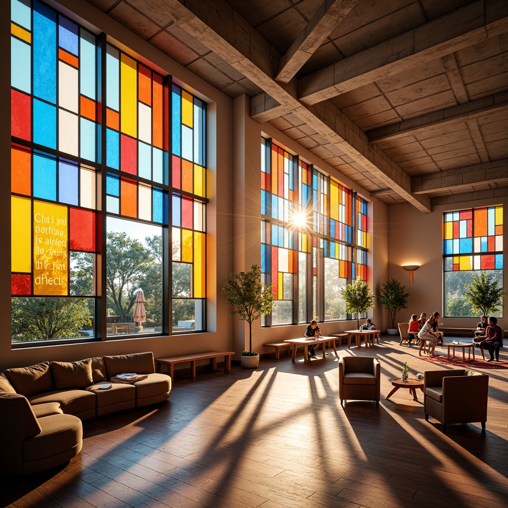 Prompt: Vibrant student hall interior, colorful stained glass windows, geometric patterns, warm natural light, cozy atmosphere, wooden furniture, modern minimalist decor, educational quotes, inspirational artwork, creative freedom, relaxed seating areas, collaborative workspaces, dynamic color schemes, abstract shapes, intricate details, soft diffused lighting, 1/1 composition, realistic textures, ambient occlusion.