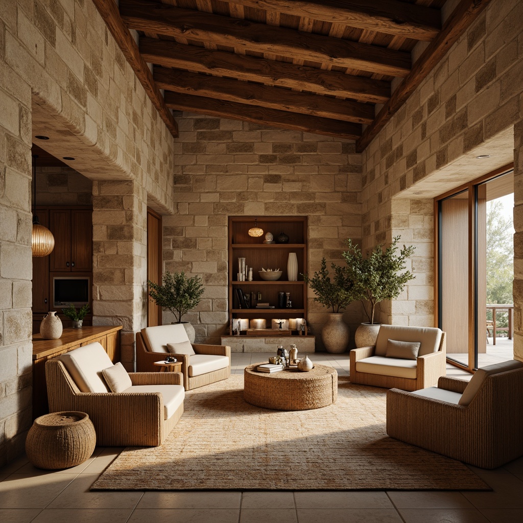 Prompt: Rustic interior ambiance, natural stone walls, earthy tone color palette, rough-hewn wooden accents, distressed finishes, cozy atmospheric lighting, warm beige furniture, woven textiles, organic shapes, 3D geometric patterns, tactile experiences, shallow depth of field, soft focus blur, realistic materials, ambient occlusion.