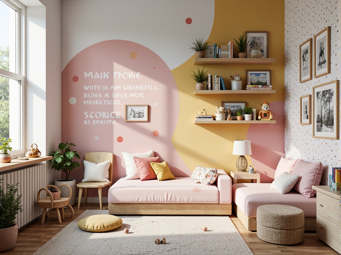 Prompt: Whimsical kid's room, soft pastel colors, playful polka dots, fun geometric patterns, textured wallpaper, 3D wall decals, colorful murals, inspirational quotes, corkboard panels, wooden shelves, cozy reading nooks, warm floor lamps, natural fiber rugs, vibrant accent walls, eclectic furniture pieces, oversized wall art, bold brushstroke designs, creative storage solutions, kid-friendly materials, youthful energy, shallow depth of field, 1/1 composition, realistic textures.