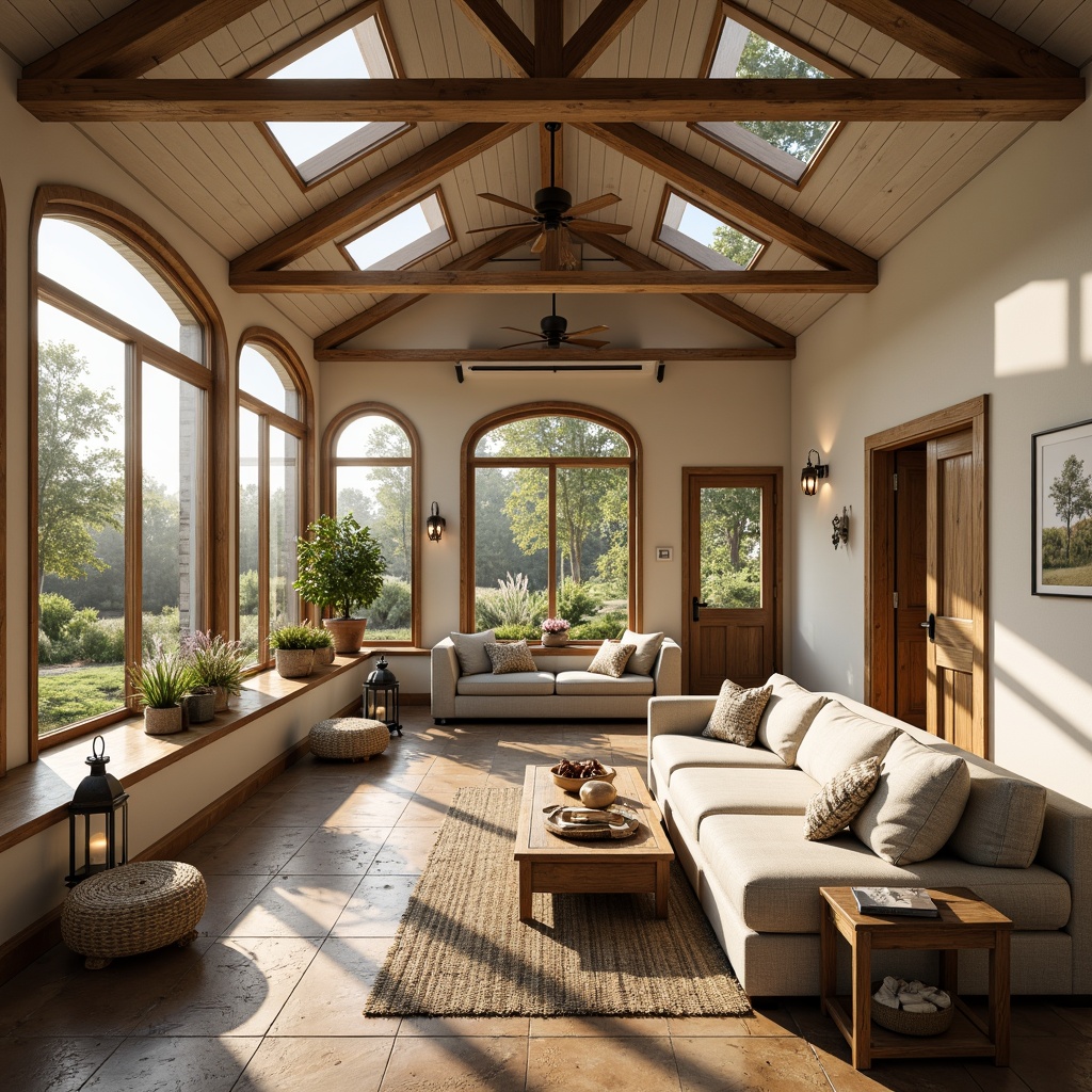 Prompt: Rustic farmhouse interior, warm wooden accents, large windows, skylights, sliding glass doors, creamy white walls, natural stone floors, vintage metal lanterns, woven textiles, earthy color palette, soft diffused light, ambient shadows, cozy reading nooks, plush furnishings, distressed wood beams, shiplap ceilings, country-inspired decor, nature-inspired artwork, greenery-filled planters, morning sunlight, warm golden lighting, shallow depth of field, 1/2 composition, realistic textures.