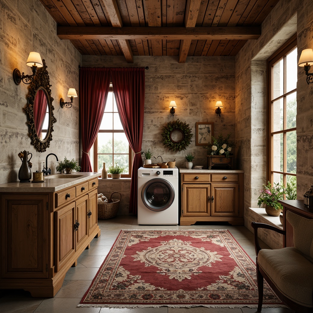 Prompt: Rustic laundry room, textured stone walls, soft warm lighting, ornate wooden cabinets, distressed finishes, vintage decorative accents, elegant Renaissance-inspired furnishings, lavish velvet drapes, richly patterned rugs, classic marble countertops, antique bronze fixtures, ornamental mirrors, subtle cream-colored tones, romantic ambiance, shallow depth of field, 1/1 composition, realistic textures, ambient occlusion.