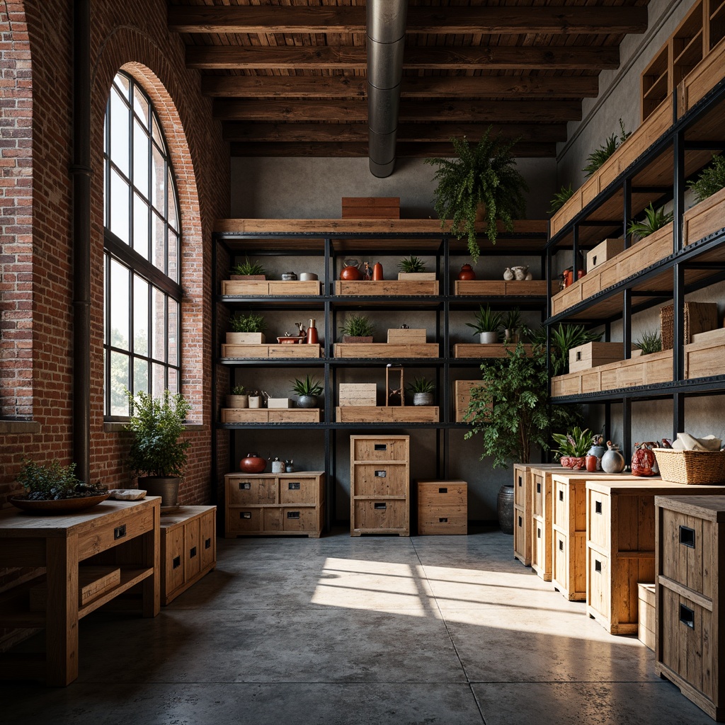 Prompt: Industrial storage room, exposed brick walls, rough concrete floors, metal shelving units, rustic wooden crates, distressed finishes, rich textile elements, vibrant color accents, soft warm lighting, subtle gradient effects, shallow depth of field, 2/3 composition, realistic material renderings, ambient occlusion.