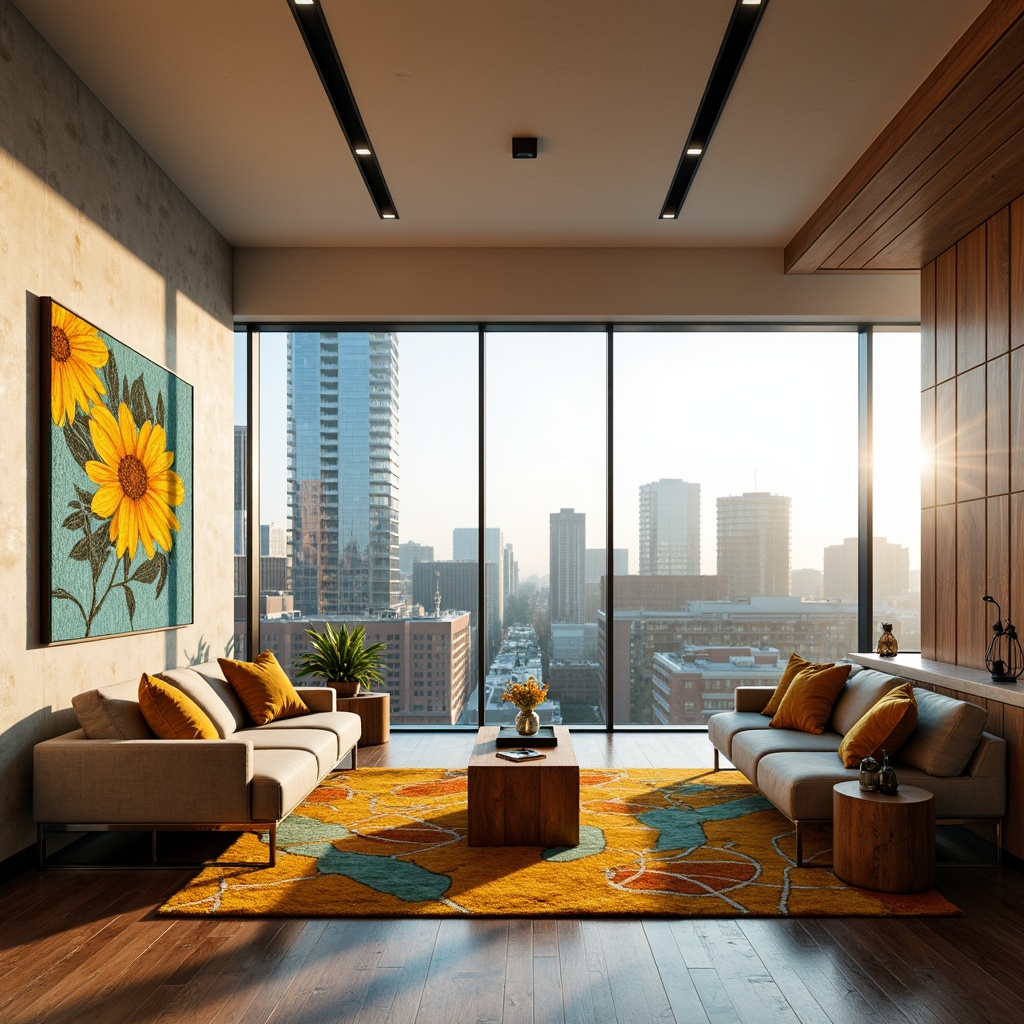 Prompt: Vibrant modern interior, sleek streamline furniture, polished chrome accents, rich wood tones, bold geometric patterns, abstract artwork, minimalist decor, floor-to-ceiling windows, panoramic city views, soft warm lighting, shallow depth of field, 3/4 composition, realistic textures, ambient occlusion, calm atmosphere, cozy nooks, plush throw pillows, warm beige walls, deep blue accents, bright yellow highlights, rich turquoise undertones, metallic silver trim.