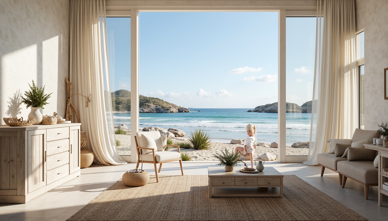 Prompt: Serene coastal landscape, soft sandy beach, gentle ocean waves, clear blue sky, warm sunny day, natural light pouring in, floor-to-ceiling windows, sliding glass doors, minimalist interior design, whitewashed wood accents, distressed driftwood furniture, nautical ropes, shells, pebbles, sea-inspired textiles, calming color palette, creamy whites, blues, and sandy neutrals, airy open space, organic shapes, rustic wooden flooring, woven seagrass rugs, warm ambient lighting, subtle shadows, 1/2 composition, soft focus, realistic textures.