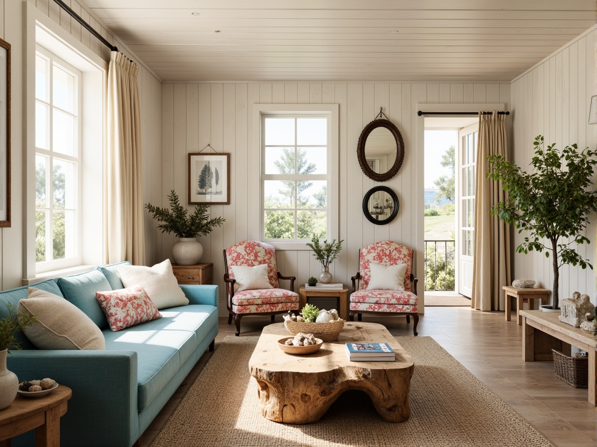 Prompt: Coastal-themed living room, driftwood coffee table, woven seagrass rug, plush ocean-blue sofa, coral-patterned armchairs, whitewashed wooden walls, natural linen curtains, vintage nautical decor, shell-adorned vases, glass-topped console tables, rustic wooden benches, sea-inspired artwork, calming beige palette, warm golden lighting, shallow depth of field, 1/1 composition, realistic textures, ambient occlusion.