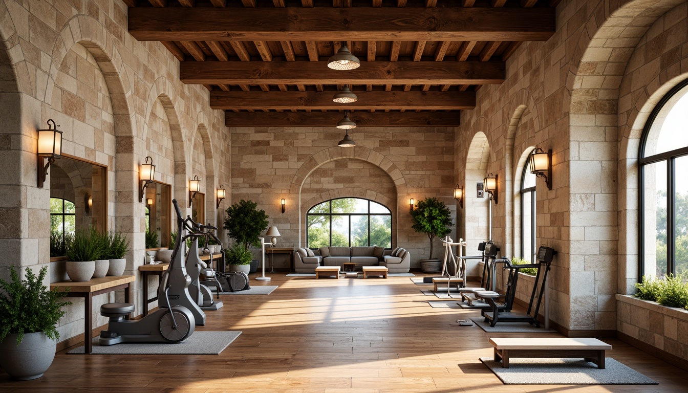 Prompt: Warm Mediterranean gymnasium, natural stone walls, wooden athletic flooring, rustic metal beams, soft warm lighting, indirect illumination, floor-to-ceiling windows, ocean-inspired color palette, blue-green accents, earthy terracotta tones, lush greenery, potted plants, modern fitness equipment, free weights, exercise machines, mirrored walls, high ceilings, archways, ornate columns, Mediterranean-style lanterns, ambient occlusion, realistic textures, 1/1 composition, shallow depth of field.