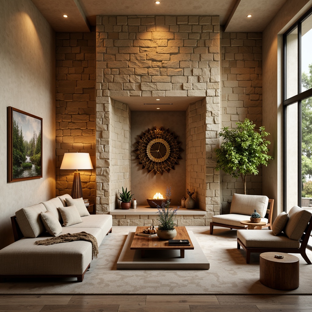 Prompt: Luxurious living room, textured stone walls, warm beige tones, soft ambient lighting, 3/4 composition, shallow depth of field, comfortable plush furniture, rich wood accents, metallic decorative frames, elegant floor lamps, vibrant greenery, natural material palette, earthy color scheme, organic shapes, cozy atmosphere, inviting textures, realistic render.