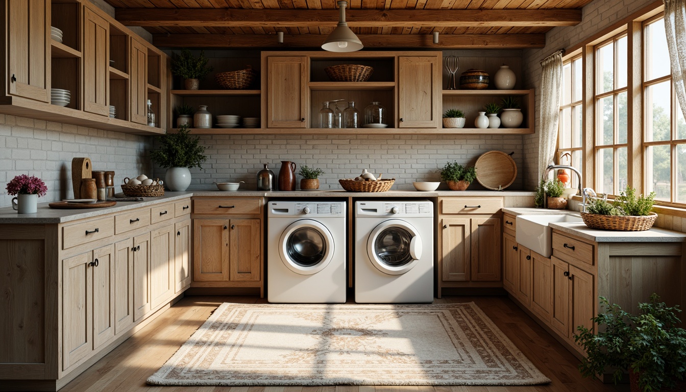 Prompt: Rustic laundry room, vintage washing machines, distressed wooden cabinets, worn brick walls, soft warm lighting, creamy whites, muted blues, earthy reds, natural textiles, woven baskets, ceramic vases, floral patterns, delicate lace, aged copper accents, nostalgic atmosphere, cozy nooks, shallow depth of field, 1/1 composition, realistic textures, ambient occlusion.