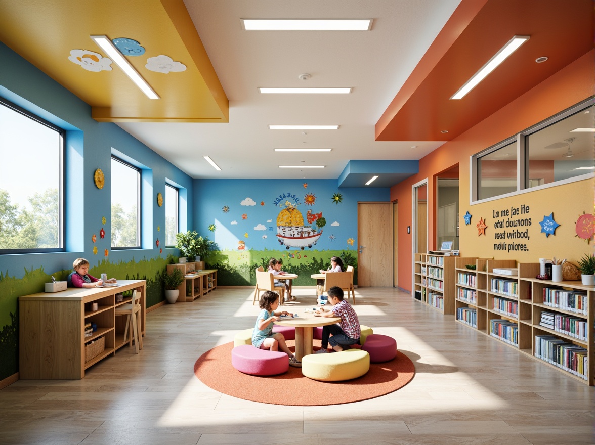 Prompt: Vibrant kindergarten walls, colorful paint finishes, textured wallpaper, engaging murals, educational graphics, stimulating visual displays, soft acoustic panels, rounded corner edges, warm wooden accents, natural light influx, large windows, playful shelf displays, cozy reading nooks, circular gathering spaces, creative art stations, collaborative learning zones, ergonomic furniture, soft cushioned flooring, pastel color schemes, whimsical decorations, inspirational quotes, gentle LED lighting, 1/1 composition, shallow depth of field, realistic textures.