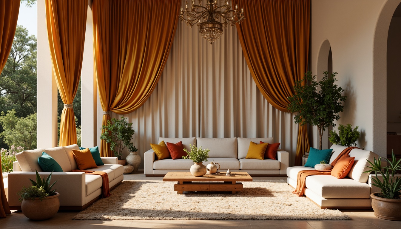 Prompt: Rich velvet drapes, luxurious silk fabrics, warm beige tones, soft golden lighting, plush area rugs, comfortable couches, natural wood accents, earthy terracotta pots, exotic Moroccan patterns, vibrant turquoise hues, subtle sheen finishes, elegant minimalist decor, refined urban atmosphere, 1/1 composition, shallow depth of field, realistic textures, ambient occlusion.