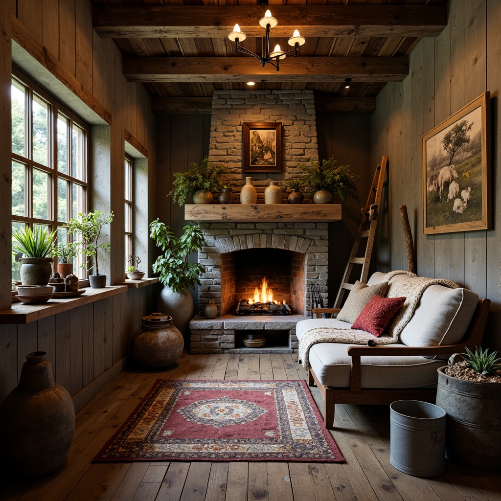 Prompt: Rustic wooden accents, vintage metalware, distressed finishes, earthy color palette, natural stone walls, reclaimed wood beams, cozy fireplace, plush throw blankets, woven baskets, potted greenery, antique farming tools, wooden crates, galvanized metal buckets, lantern-style lighting, soft warm glow, shallow depth of field, 1/1 composition, intimate atmosphere, realistic textures.