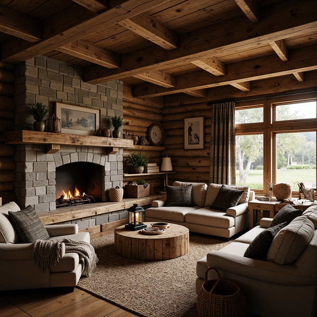 Prompt: Rustic cabin, wooden logs, earthy tones, natural stone walls, vintage decorations, distressed wood furniture, plush throw blankets, cozy fireplace, woven baskets, antique metal lanterns, reclaimed wood accents, warm ambient lighting, soft focus, shallow depth of field, 1/1 composition, intimate atmosphere, organic textures, realistic wood grain.