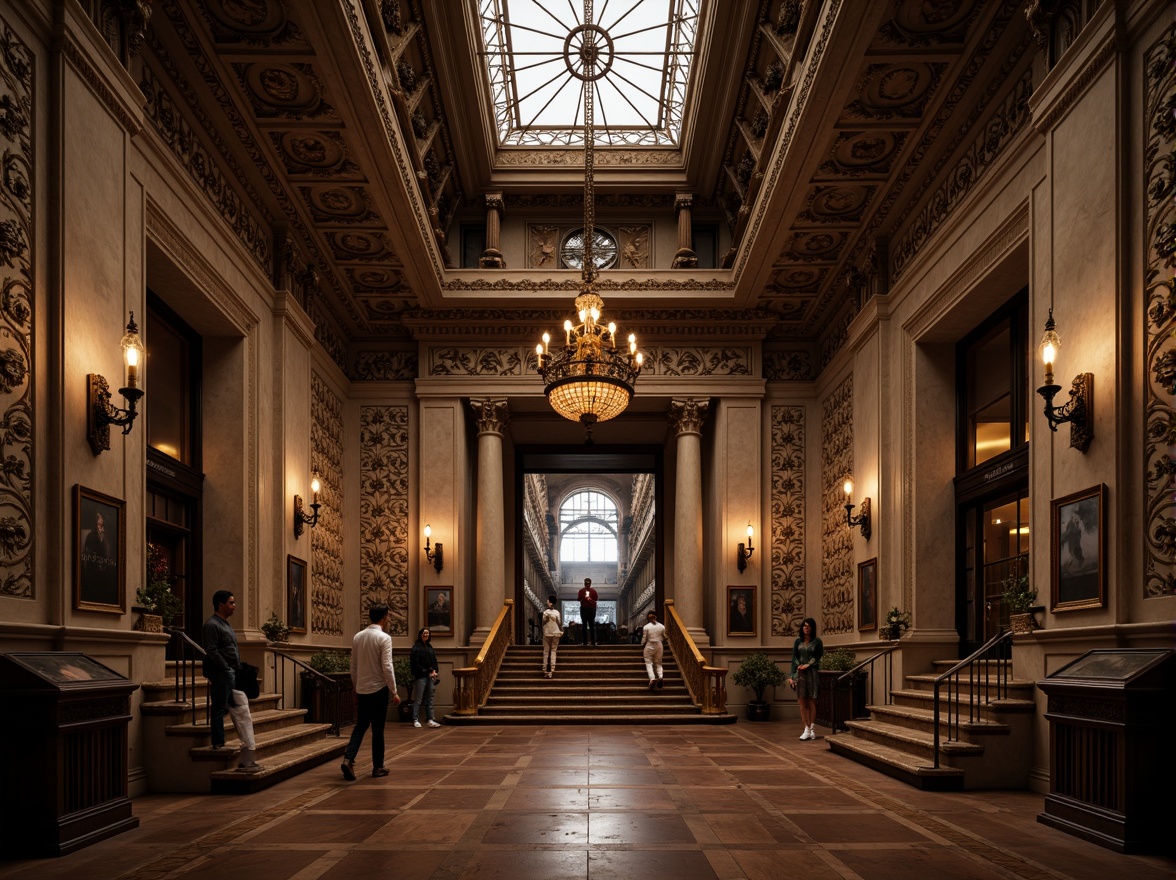 Prompt: Grand museum entrance, intricately carved ornate moldings, richly decorated fa\u00e7ade, Victorian-era architecture, imposing stone columns, lavish interior designs, opulent chandeliers, polished wooden floors, majestic staircases, ornamental metalwork, antique exhibits, dim warm lighting, shallow depth of field, 1/2 composition, realistic textures, ambient occlusion.