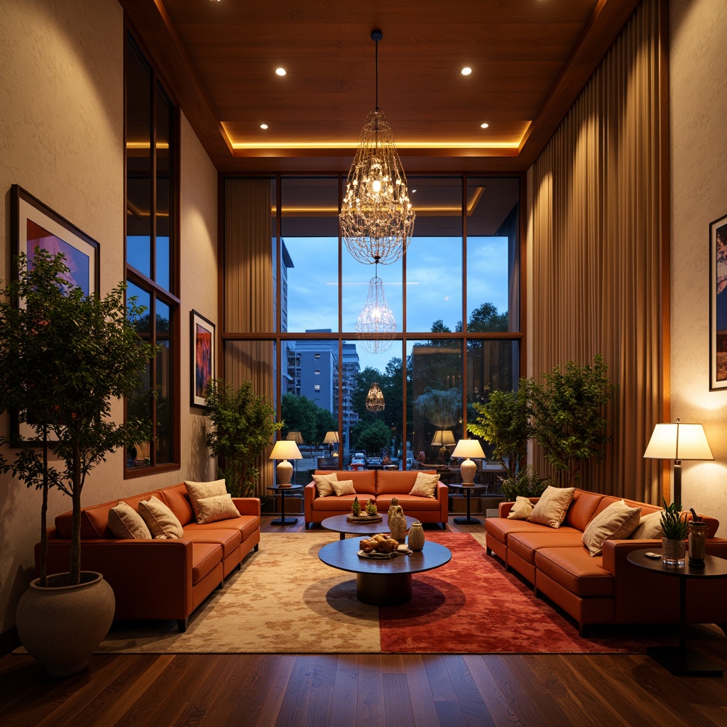 Prompt: Grand living room, high ceiling, large windows, soft warm lighting, table lamps, floor lamps, LED strip lights, ambient glow, cozy atmosphere, comfortable seating, plush furniture, vibrant colors, rich textures, elegant chandeliers, crystal pendants, modern fixtures, recessed lighting, cove lighting, wall washes, warm color temperature, relaxing ambiance, inviting space, luxurious decor.