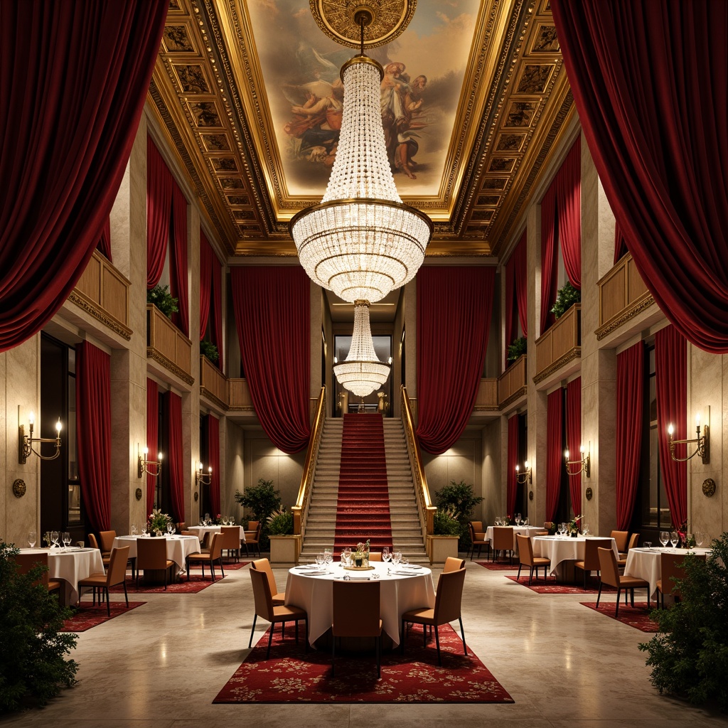 Prompt: Luxurious dining hall, grandiose crystal chandelier, ornate golden fixtures, lavish velvet drapes, intricate fresco ceiling, rich wooden paneling, majestic stone columns, opulent marble floors, dramatic staircase, regal red carpet, warm soft lighting, shallow depth of field, 1/2 composition, intimate atmosphere, realistic textures, ambient occlusion.