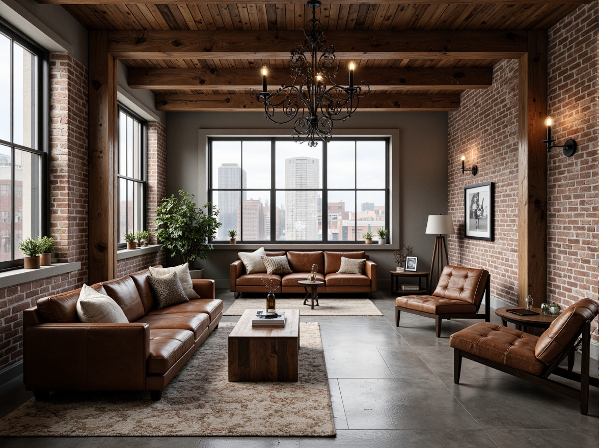 Prompt: Rustic wooden beams, exposed brick walls, industrial metal accents, distressed leather sofas, vintage armchairs, reclaimed wood coffee tables, ornate metal chandeliers, plush area rugs, floor-to-ceiling windows, urban cityscape views, natural stone flooring, minimalist decor, warm cozy lighting, soft focus blur, shallow depth of field, 2/3 composition, cinematic perspective, realistic textures, subtle ambient occlusion.