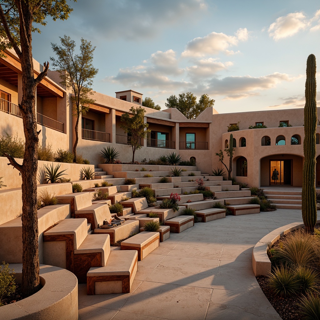 Prompt: Southwestern amphitheater, adobe-inspired architecture, curved rows of seating, colorful tile patterns, vibrant turquoise accents, natural stone steps, wooden benches with ornate carvings, desert flora, cacti, succulents, warm sandy tones, shallow depth of field, 1/1 composition, soft diffused lighting, realistic textures, ambient occlusion, dramatic sunset sky, rustic metal railings, earthy terracotta hues.