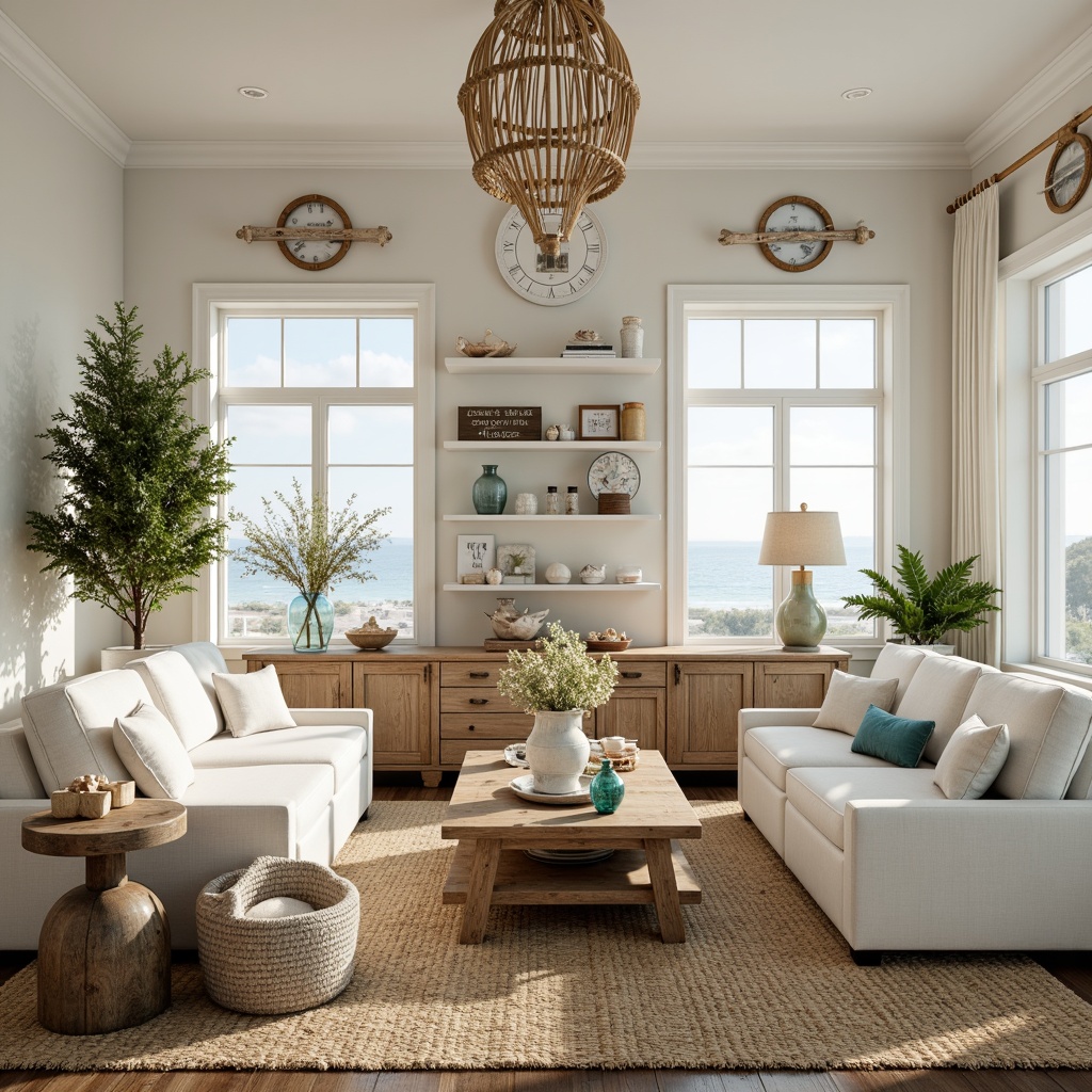 Prompt: Coastal-themed living room, natural woven fibers, jute rugs, driftwood coffee tables, coral-inspired vases, sea glass chandeliers, soft ocean breeze colors, white linen sofas, nautical rope accents, reclaimed wood shelving, vintage beach signs, porthole windows, shells and starfish decorations, subtle coastal patterns, calming ambiance, warm golden lighting, shallow depth of field, 1/1 composition, realistic textures, ambient occlusion.