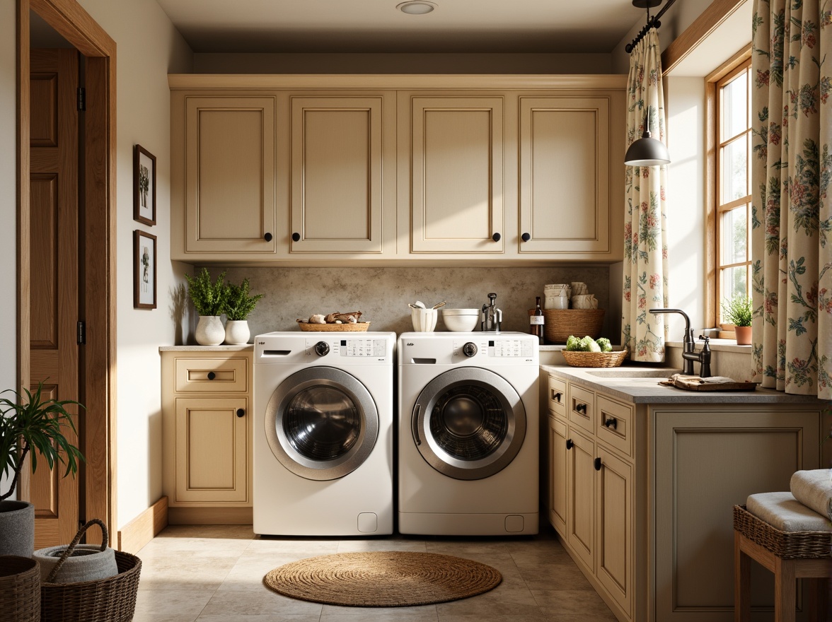 Prompt: Cozy traditional laundry room, warm beige cabinetry, ornate wooden accents, soft pastel colors, vintage washing machines, distressed metal fixtures, rustic stone countertops, woven wicker baskets, floral patterned curtains, natural light pouring in, shallow depth of field, 1/1 composition, realistic textures, ambient occlusion.