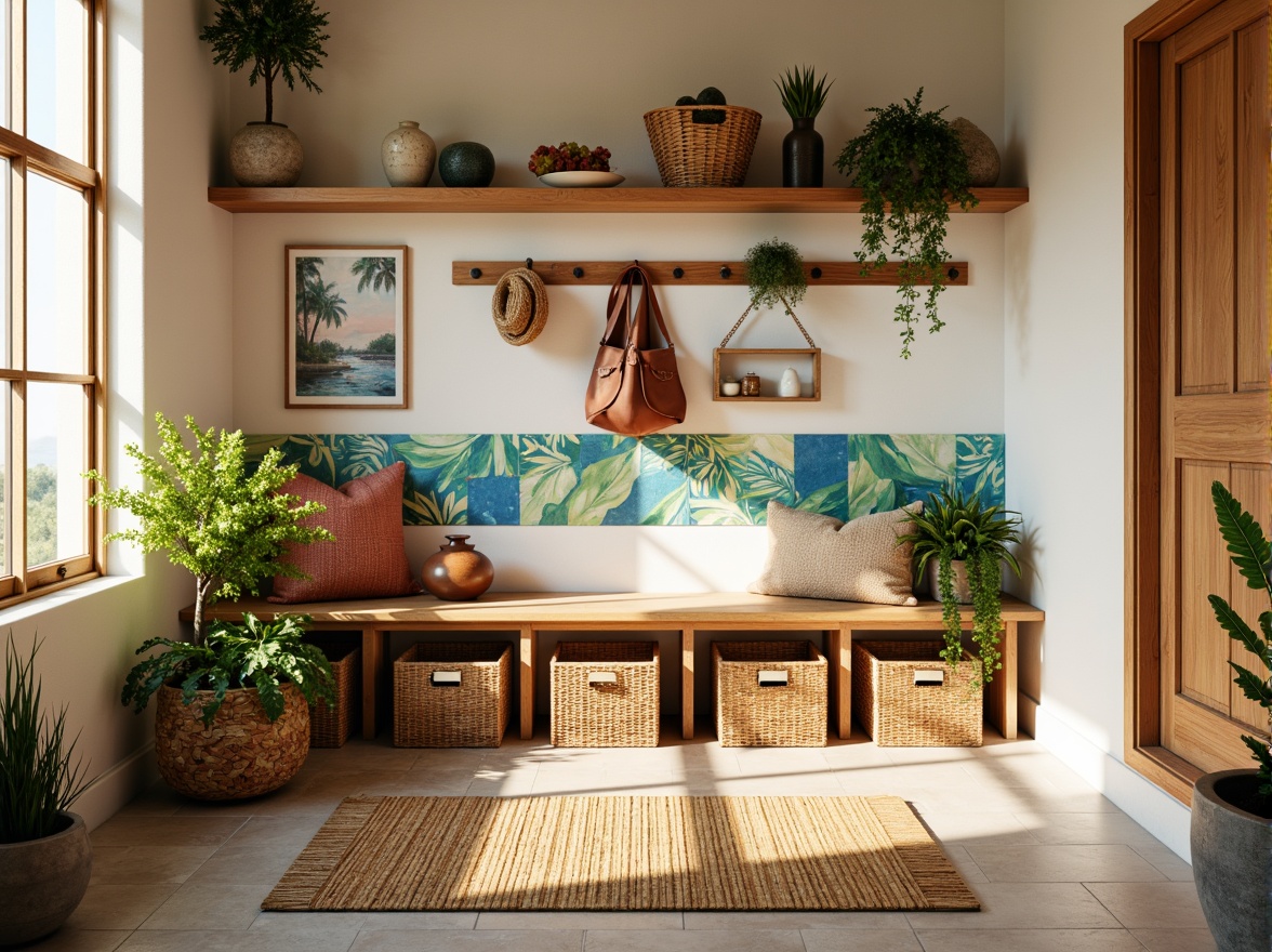 Prompt: Vibrant mudroom interior, tropical inspired decor, natural woven baskets, rattan storage benches, reclaimed wood shelves, woven sea grass mats, coastal-themed wall art, colorful ceramic tiles, bamboo accessories, woven fiber storage bins, sustainable materials, eco-friendly design, bright and airy atmosphere, soft warm lighting, shallow depth of field, 3/4 composition, panoramic view, realistic textures, ambient occlusion.