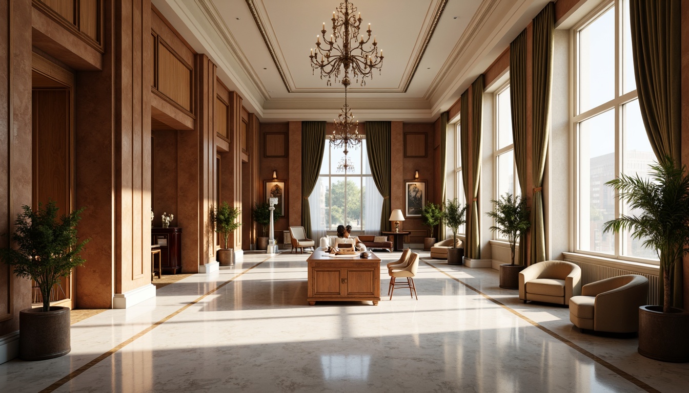 Prompt: Elegant office interior, neoclassical architectural style, high ceilings, ornate moldings, marble flooring, wooden paneling, luxurious furnishings, stately columns, symmetrical composition, grand chandeliers, floor-to-ceiling windows, natural light pouring in, soft warm ambiance, subtle texture variations, refined material palette, sophisticated color scheme, 3/4 perspective, shallow depth of field, realistic reflections, ambient occlusion.