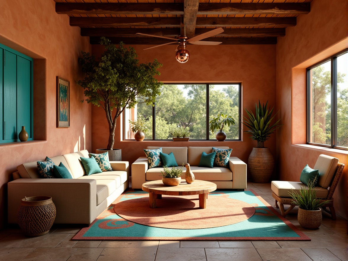 Prompt: \Earthy southwestern living room, warm terracotta walls, rich turquoise accents, natural sandstone flooring, plush beige sofas, vibrant Native American patterned textiles, rustic wooden furniture, woven wicker baskets, vintage copper lighting fixtures, lush greenery, sun-kissed windows, bright warm sunlight, soft shadowy ambiance, 1/1 composition, shallow depth of field, realistic textures.\