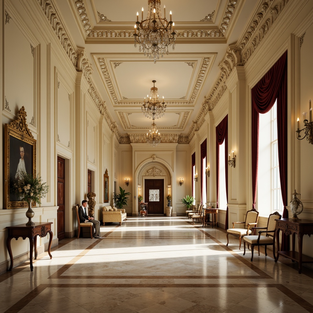 Prompt: Elegant mansion, ornate moldings, intricately carved details, cream-colored walls, polished marble floors, crystal chandeliers, luxurious fabrics, velvet drapes, gilded frames, antique furniture, refined wood tones, subtle lighting, warm color palette, soft focus, shallow depth of field, 1/2 composition, symmetrical arrangement, realistic textures, ambient occlusion.