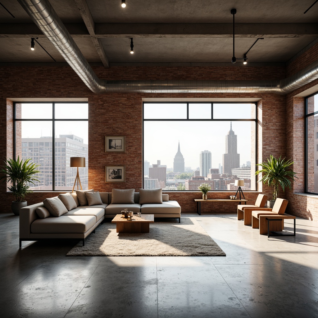 Prompt: Minimalist loft interior, industrial chic decor, exposed brick walls, polished concrete floors, sleek metal beams, open-plan living space, floor-to-ceiling windows, natural light pouring in, urban skyline views, modern minimalist furniture, low-profile sofas, geometric-shaped coffee tables, pendant lighting fixtures, airy atmosphere, soft warm glow, shallow depth of field, 1/1 composition, realistic textures, ambient occlusion.