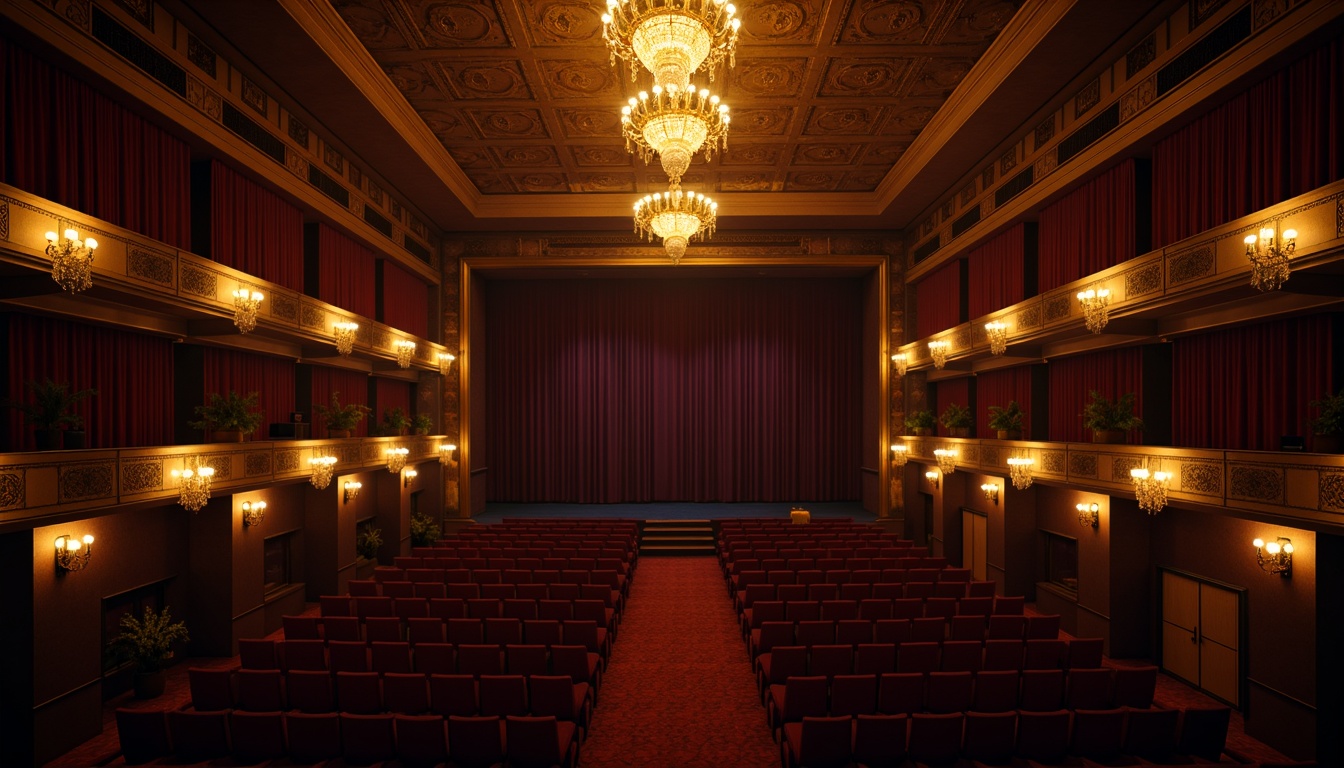 Prompt: Dimly lit theater, velvet curtains, ornate chandeliers, warm golden lighting, soft spotlights, dramatic shadows, luxurious seating, rich red carpets, intricate moldings, grand staircases, opulent decor, mysterious ambiance, high contrast ratio, low-key lighting, 1/2 composition, cinematic mood, realistic textures, subtle color grading, immersive atmosphere.