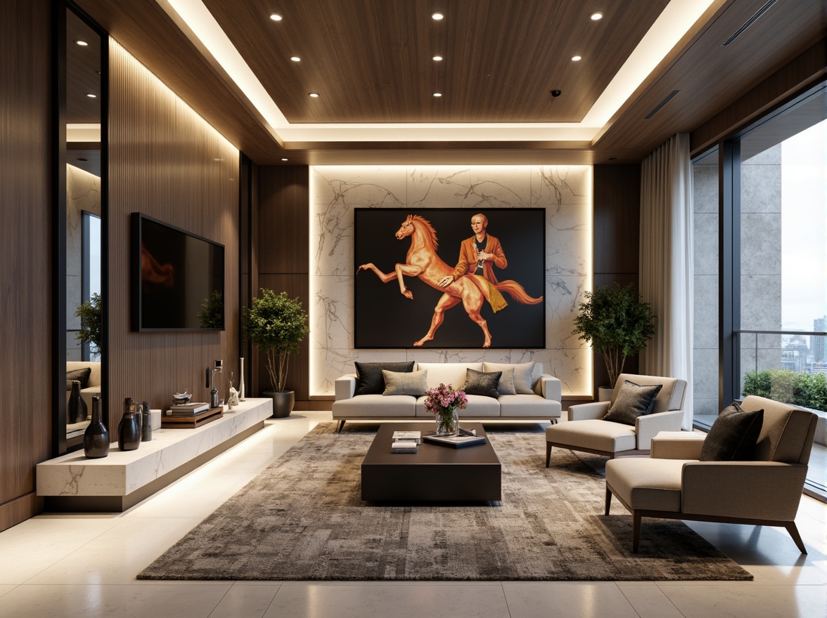 Prompt: Luxurious living room, sleek walls, polished marble finishes, metallic accents, modern minimalist decor, neutral color palette, bold geometric patterns, textured surfaces, LED ambient lighting, floor-to-ceiling windows, Scandinavian-inspired furniture, plush area rugs, industrial-chic exposed ductwork, matte black metal frames, oversized artwork, warm atmospheric glow, shallow depth of field, 1/2 composition, cinematic view, realistic reflections, advanced materials.