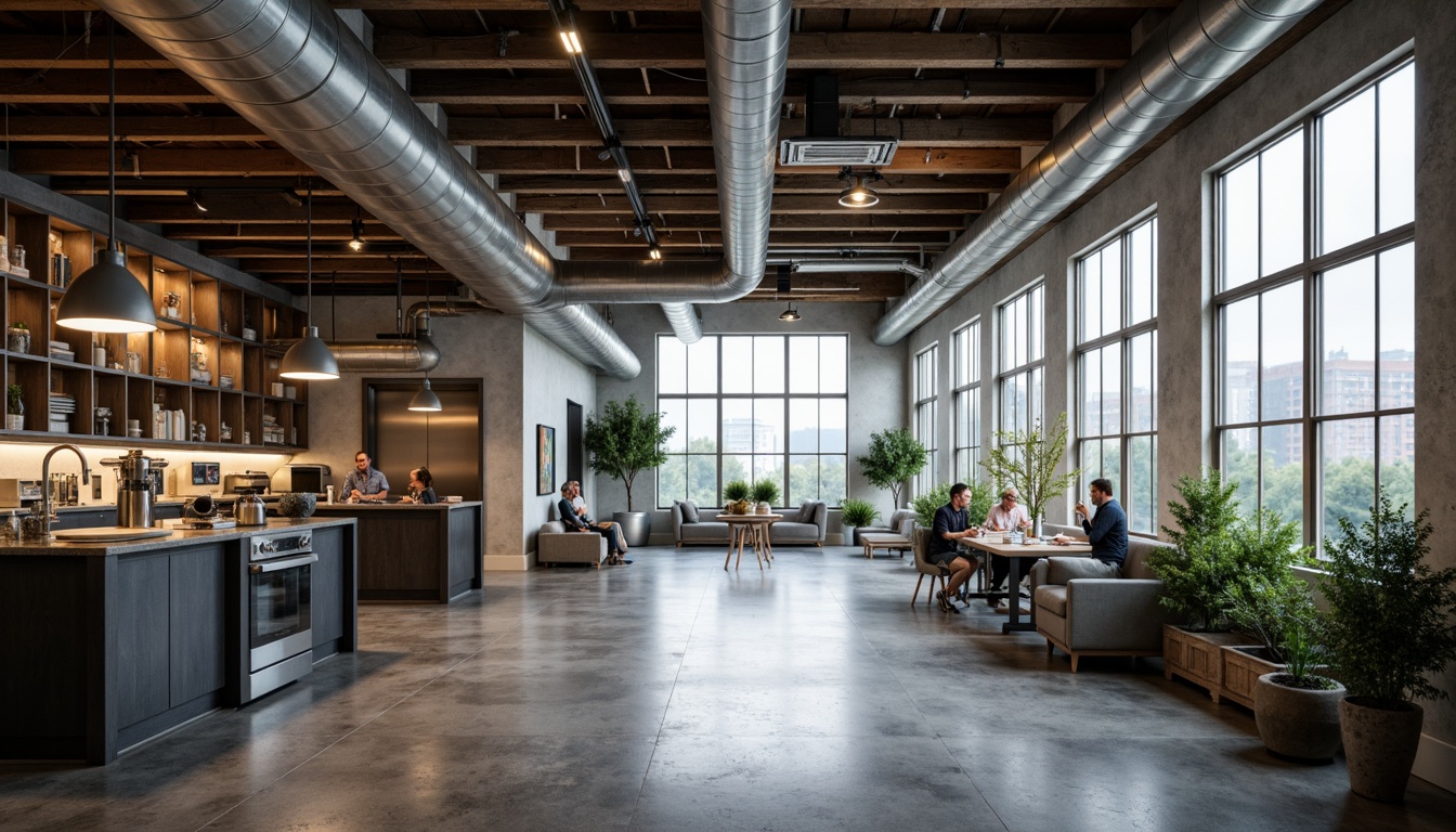 Prompt: Exposed ductwork, industrial chic, polished concrete floors, metallic accents, reclaimed wood beams, minimalist decor, functional lighting, open shelving, modern machinery, sleek production lines, stainless steel equipment, urban loft atmosphere, natural light pouring, airy high ceilings, sparse greenery, neutral color palette, subtle texture variations, atmospheric mist, shallow depth of field, 2/3 composition, cinematic view, realistic reflections.