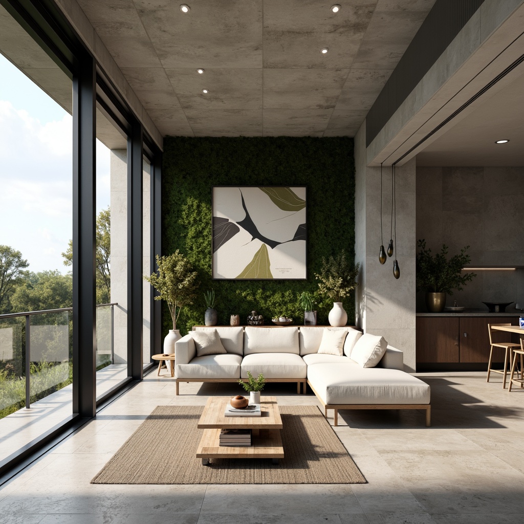 Prompt: Minimalist living room, floor-to-ceiling windows, sliding glass doors, natural stone flooring, modern sofa, abstract artwork, greenery walls, pendant light fixtures, neutral color palette, industrial-chic decor, open-plan layout, high ceilings, urban loft-style architecture, concrete floors, metallic accents, airy atmosphere, abundant natural light, shallow depth of field, 3/4 composition, realistic textures, ambient occlusion.