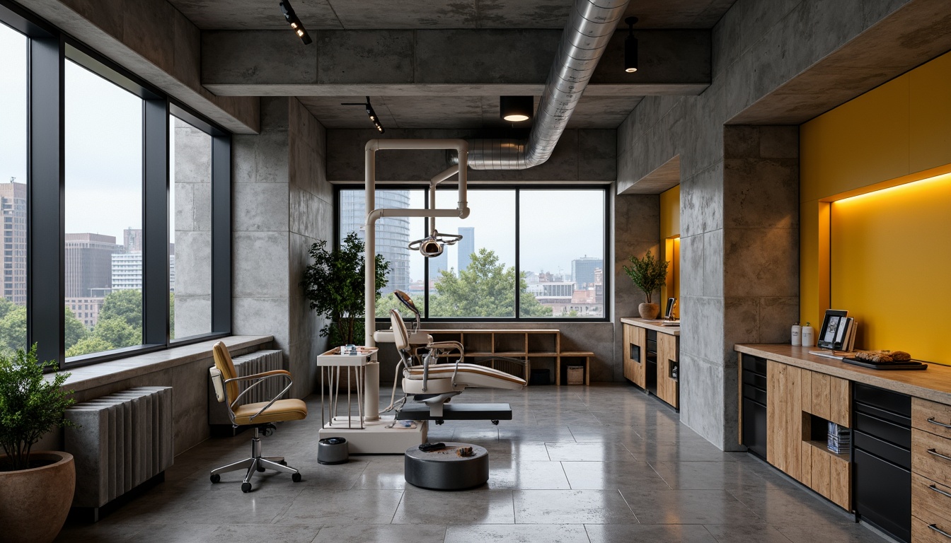 Prompt: Exposed concrete walls, raw steel beams, industrial flooring, bold color accents, brutalist architecture, minimalist decor, functional lighting, stainless steel equipment, sleek dental chairs, industrial-style pipes, urban cityscape views, rainy day ambiance, softbox lighting, 1/1 composition, realistic textures, ambient occlusion, distressed wood accents, cold atmospheric colors.