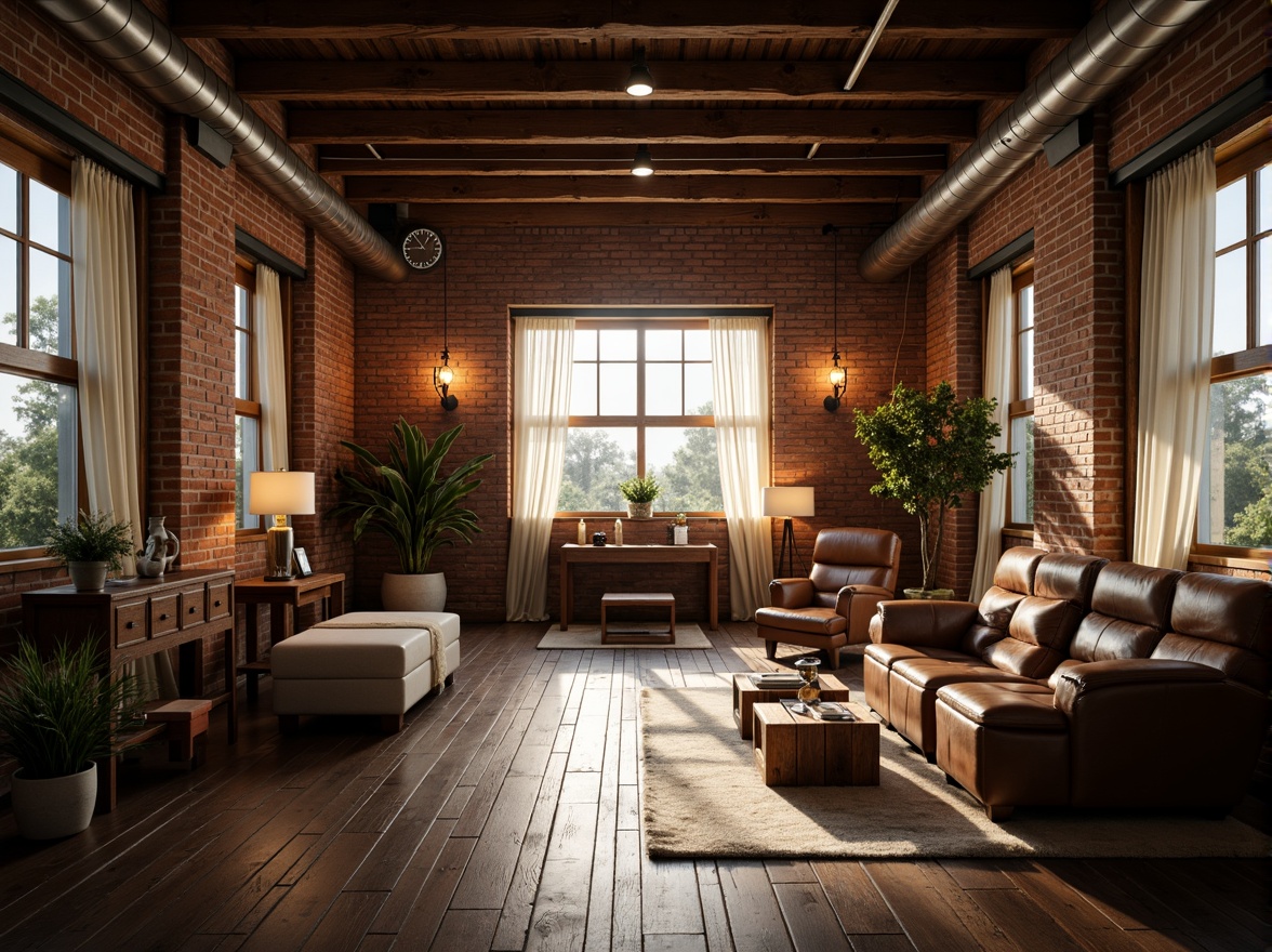 Prompt: Warm loft interior, classic industrial decor, exposed brick walls, wooden beams, metal columns, vintage furniture, soft warm lighting, subtle shadows, ambient glow, pendant lamps, table lamps, floor lamps, natural light pouring in, large windows, sheer curtains, minimalist color palette, neutral tones, rustic textures, distressed finishes, cozy atmosphere, intimate setting, cinematic composition, low-key lighting, dramatic contrast, 2.35 cinematography ratio.