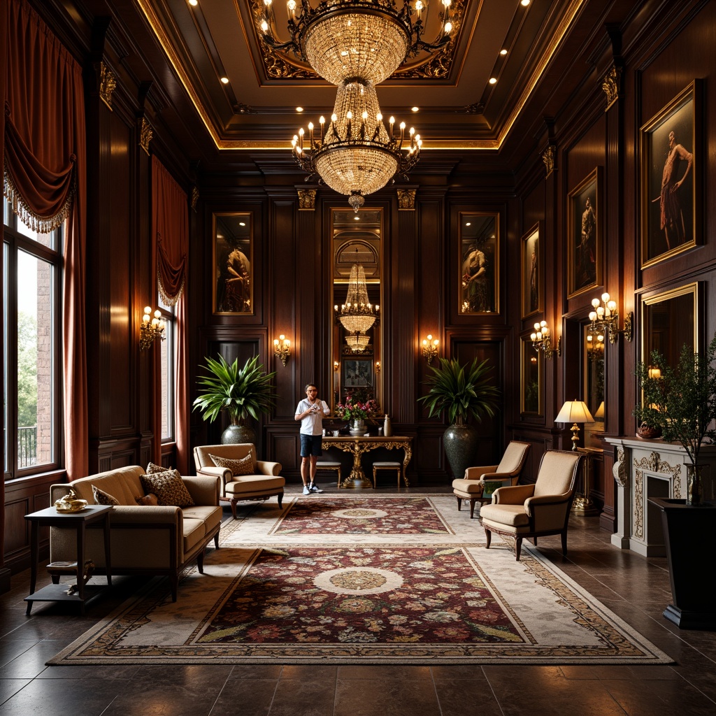 Prompt: Luxurious Baroque-style interior, rich dark wood tones, ornate furnishings, grand chandeliers, intricately patterned rugs, marble floors, inlaid stone mosaics, polished bronze accents, warm golden lighting, high-contrast drama, opulent textures, refined elegance, sophisticated ambiance.