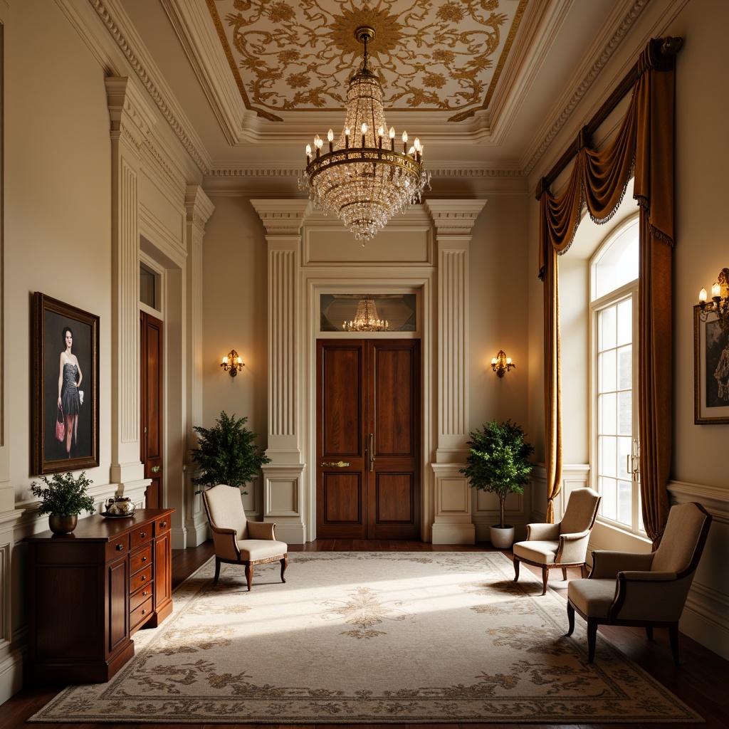 Prompt: Elegant office space, traditional classicism style, warm beige walls, rich wood furniture, ornate details, crystal chandeliers, bronze sconces, luxurious textiles, velvet drapes, stately columns, refined architectural features, soft warm lighting, subtle shadows, 1/1 composition, realistic rendering, ambient occlusion.