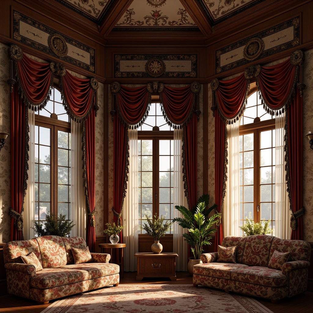 Prompt: Intricate floral patterns, ornate wooden frames, velvet drapes, lace curtains, tassel trimmings, rich brocade fabrics, soft golden lighting, elegant cornices, decorative pediments, stained glass windows, leaded glass panels, ornate metalwork, rustic brick walls, classic Victorian architecture, grand mansions, opulent interiors, lavish decorations, warm cozy atmosphere, shallow depth of field, 1/2 composition, realistic textures, ambient occlusion.